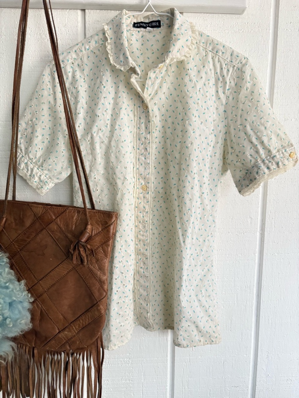 Vintage white Button-Down Shirt with Light Blue Floral Print